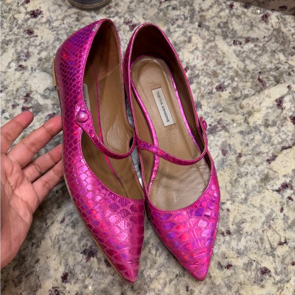 Tabitha Simmons Fuscia Pink Holographic Mary Jane Flats Sandals made in Italy - Picture 5 of 14